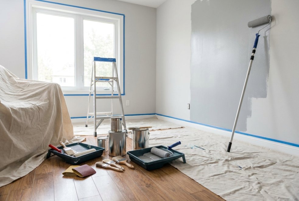 Interior room being repainted with ladder, paint trays, rollers, drop cloths, and taped window and baseboards.